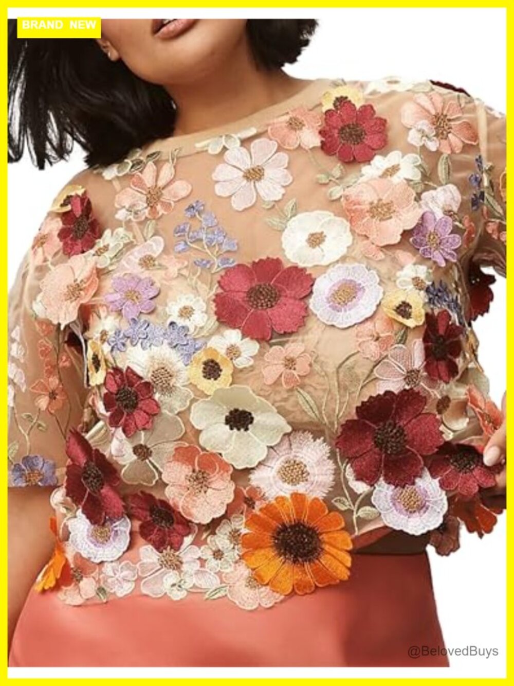 3D Floral Sheer Lace Embroidered Short Sleeve Top